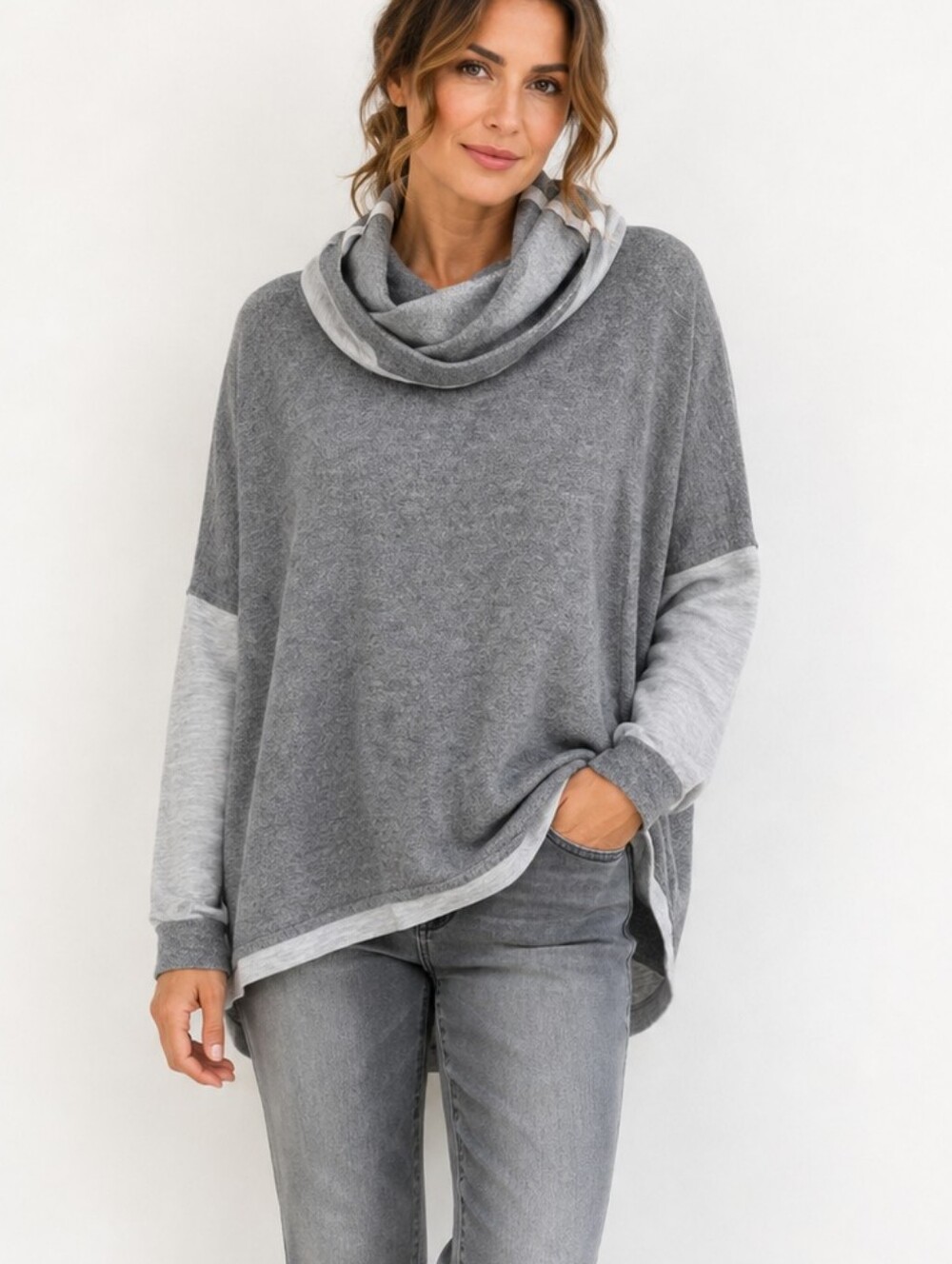 Cabi Cowl Neck Two Tone Gray Layer Effect Pullover Cowel Neck top 3996